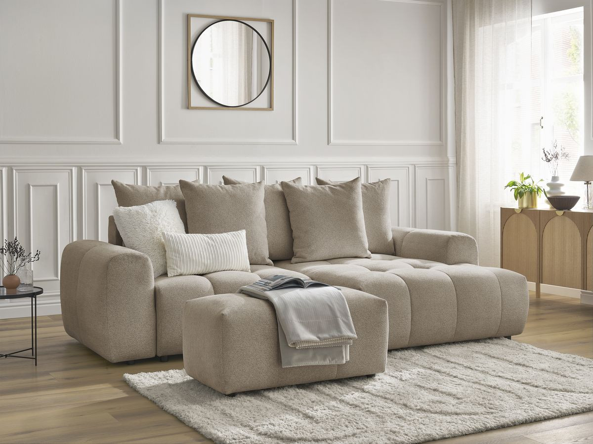 Bobochic Roxelane Ecksofa mit Schlaffunktion und Bettkasten und Pouf 258 × 150 cm Melange-Stoff Taupe Ecke rechts