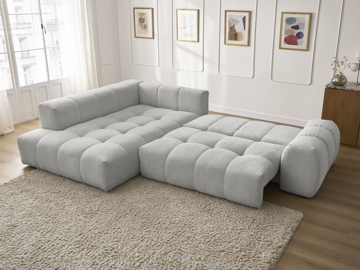 Bobochic Everest Ecksofa mit Schlaffunktion und Bettkasten 320 × 212 cm, 5 Kissen Melange-Stoff Hellgrau Ecke links