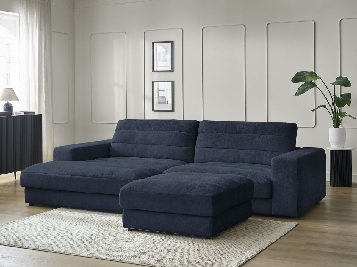 Bobochic Sierra Ecksofa mit Pouf Strukturstoff Dunkelblau Ecke links