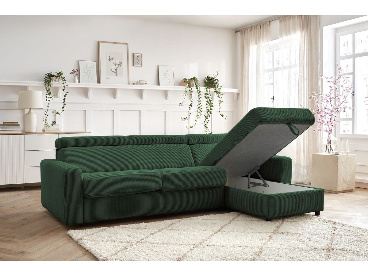 Bobochic Monaco Ecksofa mit Schlaffunktion und Bettkasten Cordsamt Grün, Liegefläche 160 × 190 cm