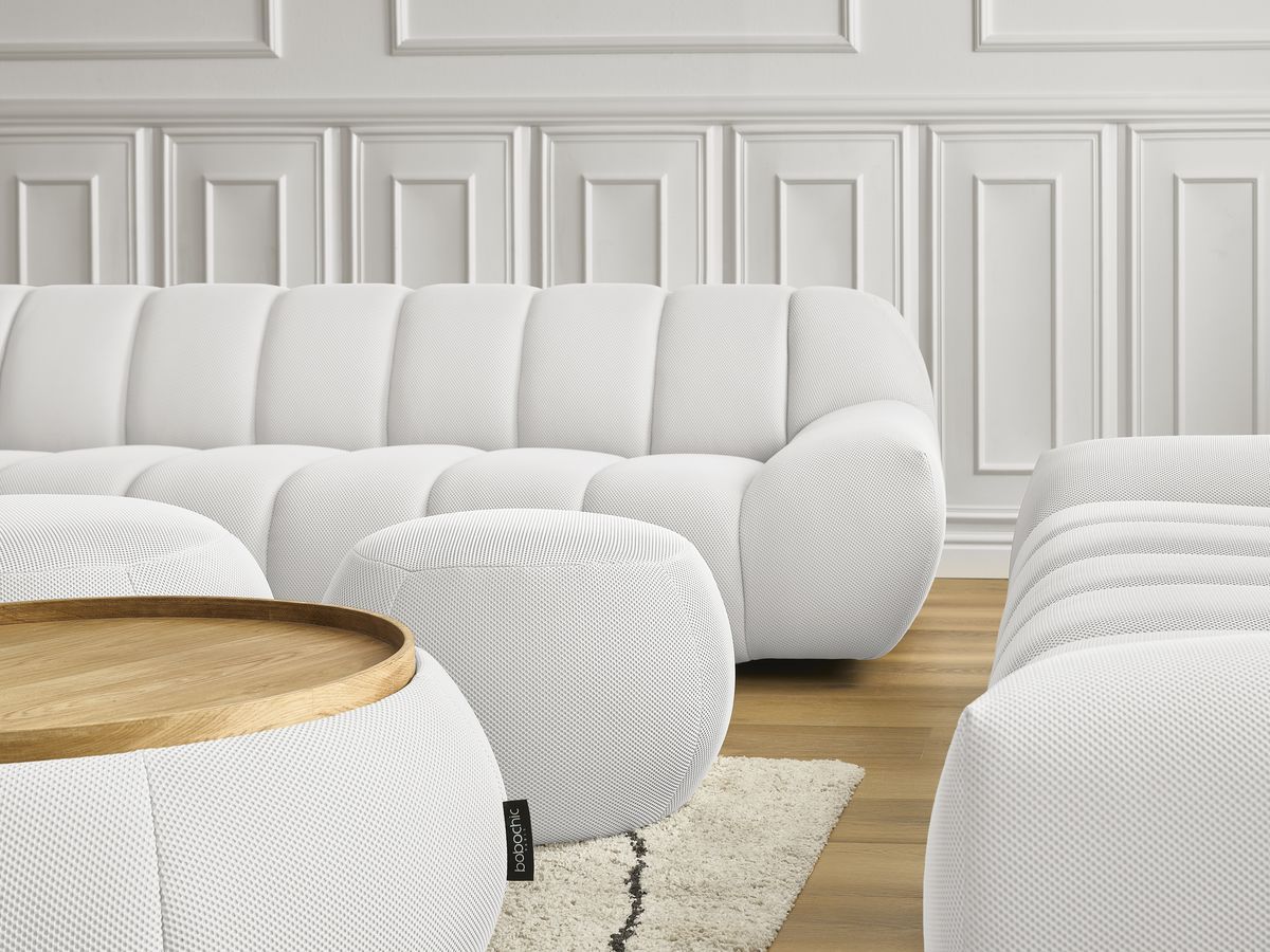 Bobochic Hayden Sofa-Set 3- und 2-Sitzer mit 3 Poufs Mesh-Stoff Weiß