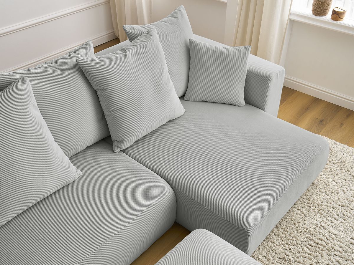 Bobochic Sidonie Ecksofa mit Schlaffunktion und Bettkasten und Pouf Cordsamt Hellgrau