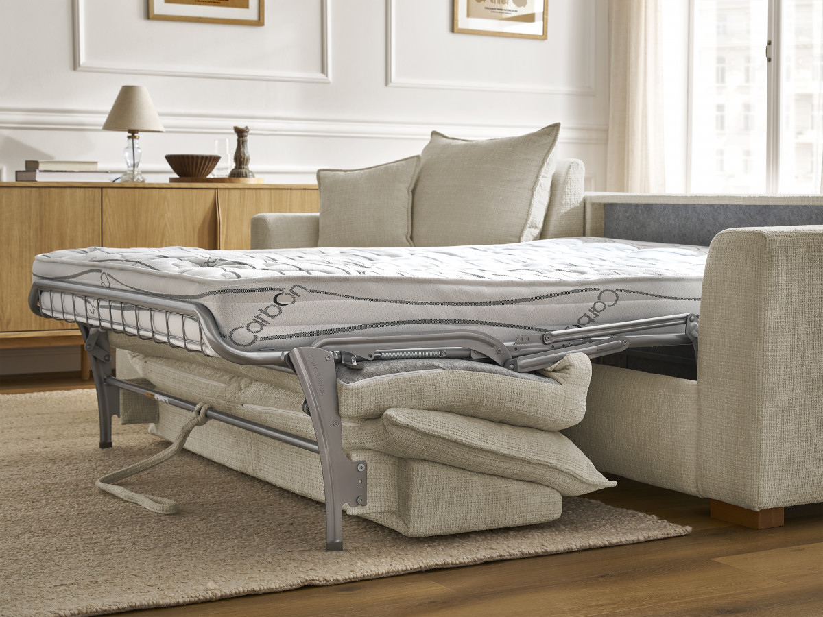 Bobochic Augustin Ecksofa mit Schlaffunktion und Bettkasten Strukturstoff Beige, Liegefläche 140 × 200 cm