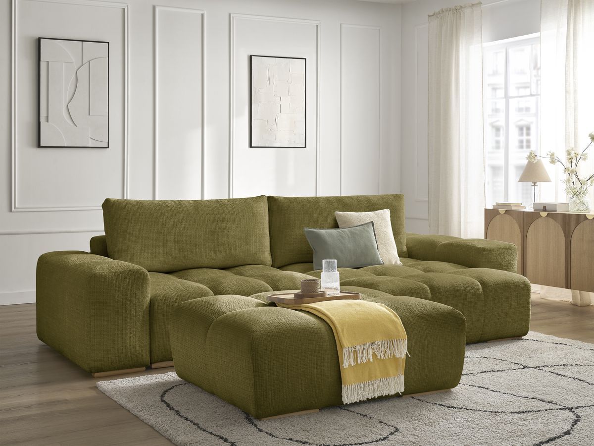 Bobochic Anakin Ecksofa mit Schlaffunktion und Bettkasten und Pouf, 2 Kissen Strukturstoff Grün