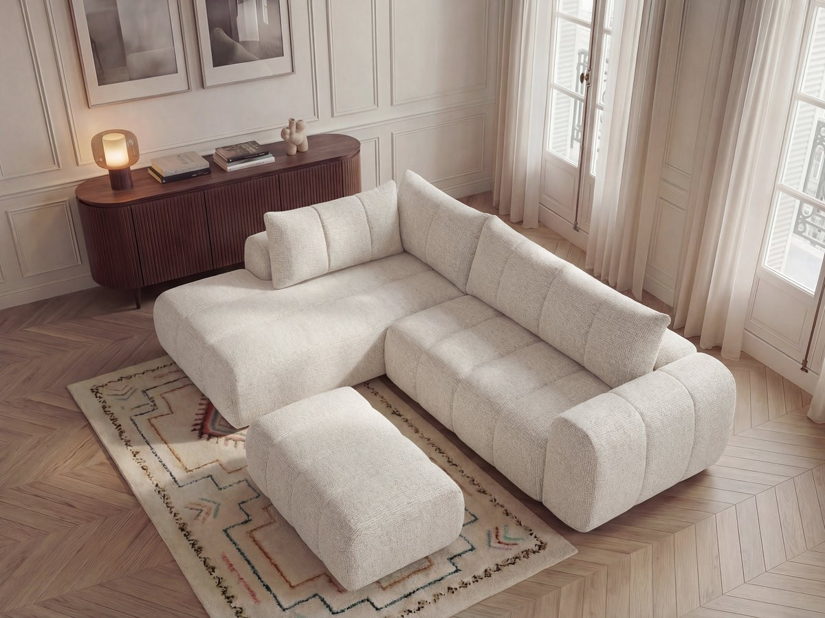 Bobochic Nesty Ecksofa in L-Form, 256 cm, mit Pouf Melange-Stoff Beige Ecke links