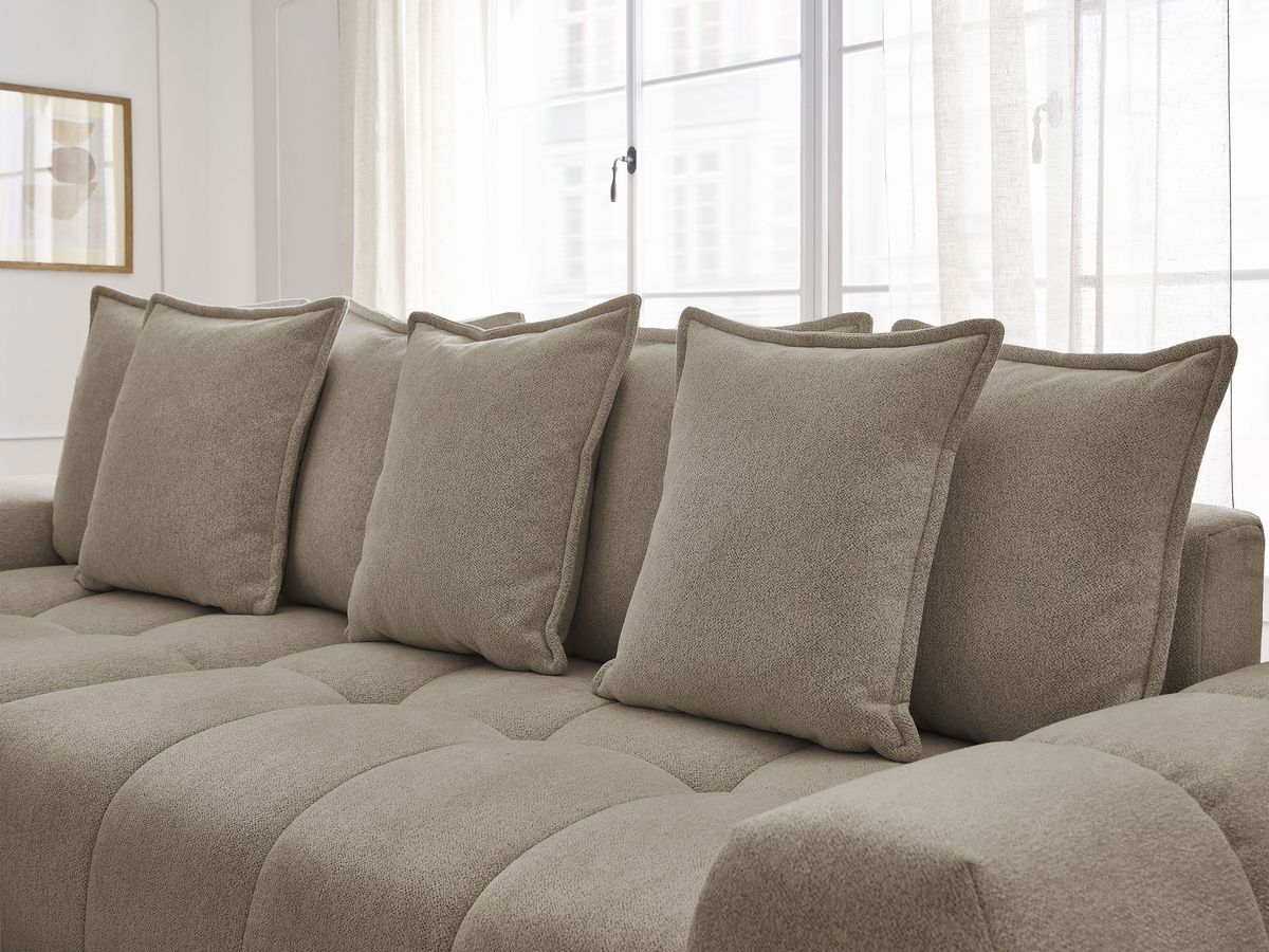 Bobochic Everest Ecksofa mit Schlaffunktion und Bettkasten 318 × 180 cm, 7 Kissen Melange-Stoff Taupe Ecke links