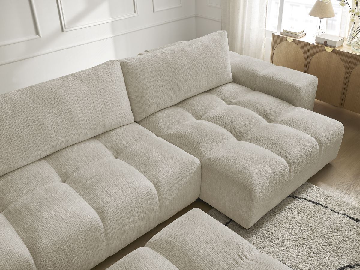 Bobochic Anakin Wohnlandschaft mit Pouf, Liegefläche 137 × 382 cm, 3 Kissen Strukturstoff Beige