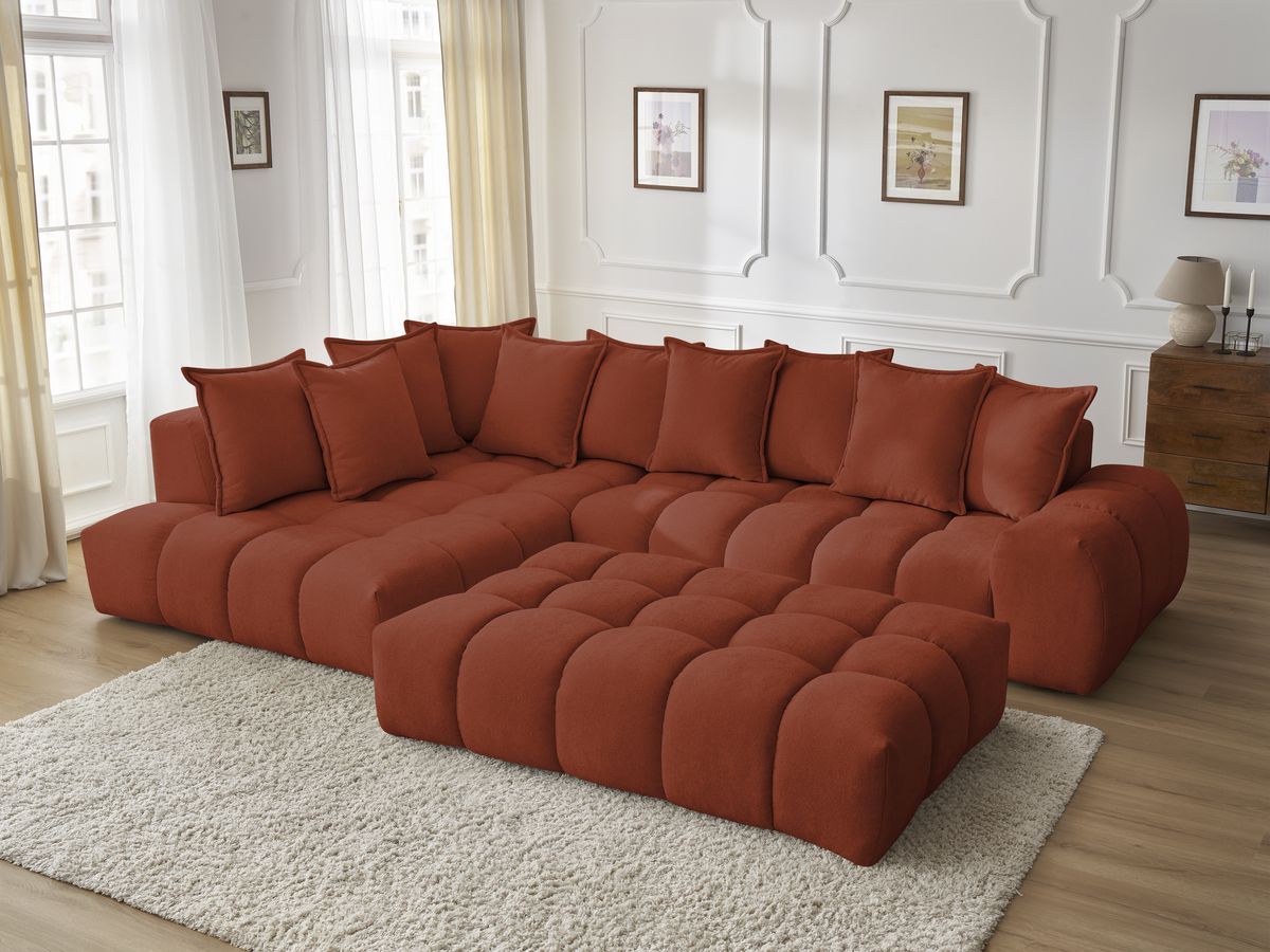 Bobochic Everest Ecksofa mit Schlaffunktion und Pouf, 10 Kissen Strukturstoff Orange Ecke links