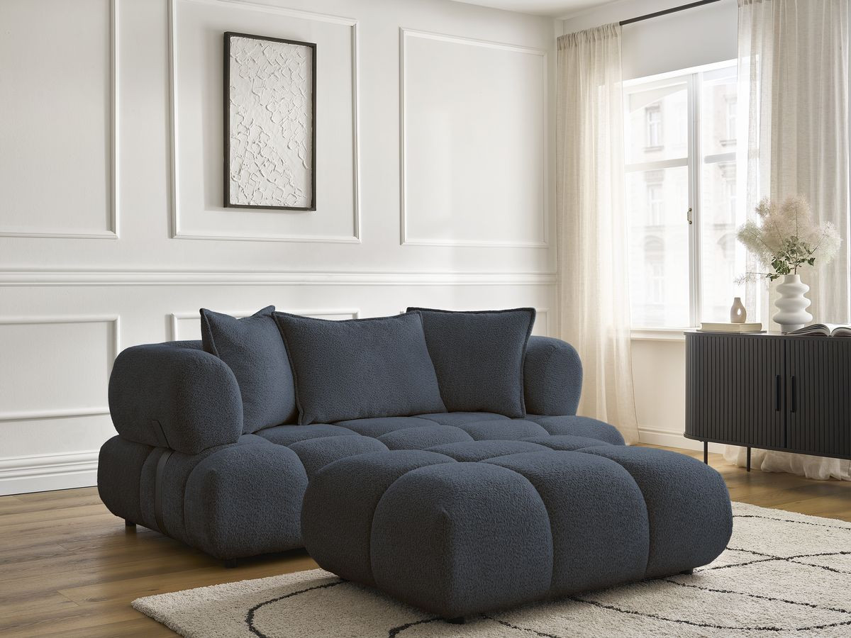 Bobochic Alya Sofa 2-Sitzer mit Pouf Bouclé-Stoff Dunkelblau