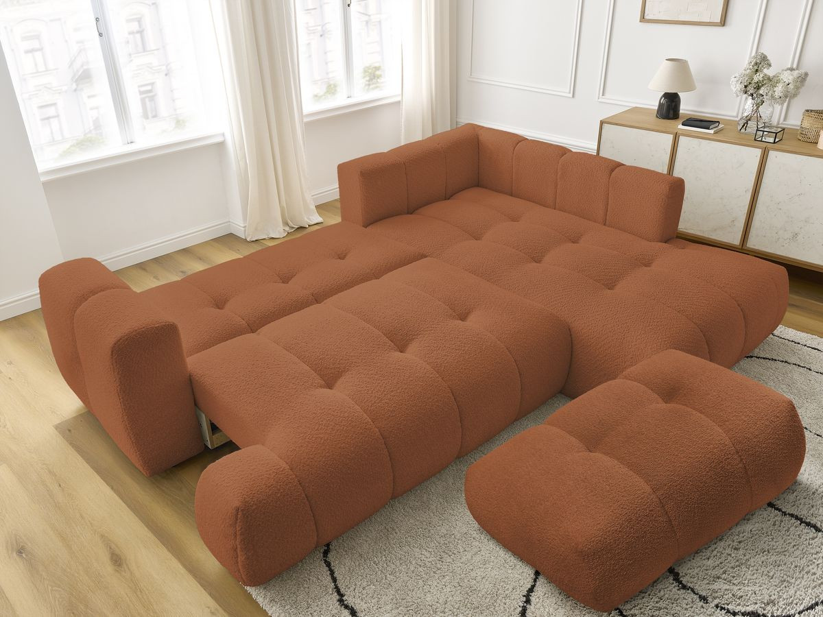 Bobochic Fuji Ecksofa mit Schlaffunktion und Bettkasten und Pouf 282 × 204 cm Bouclé-Stoff Orange Ecke rechts