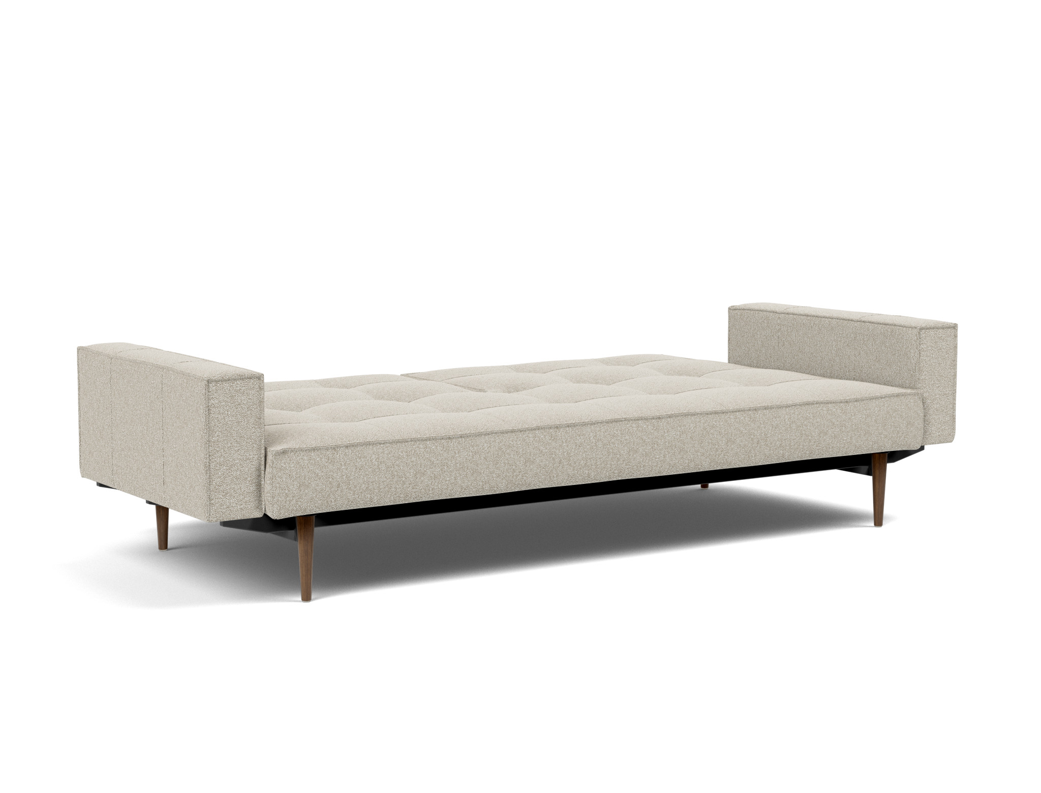 Schlafsofa Splitback mit Armlehnen Boucle Skandi 539-Beige Beine Styletto Eiche dunkel