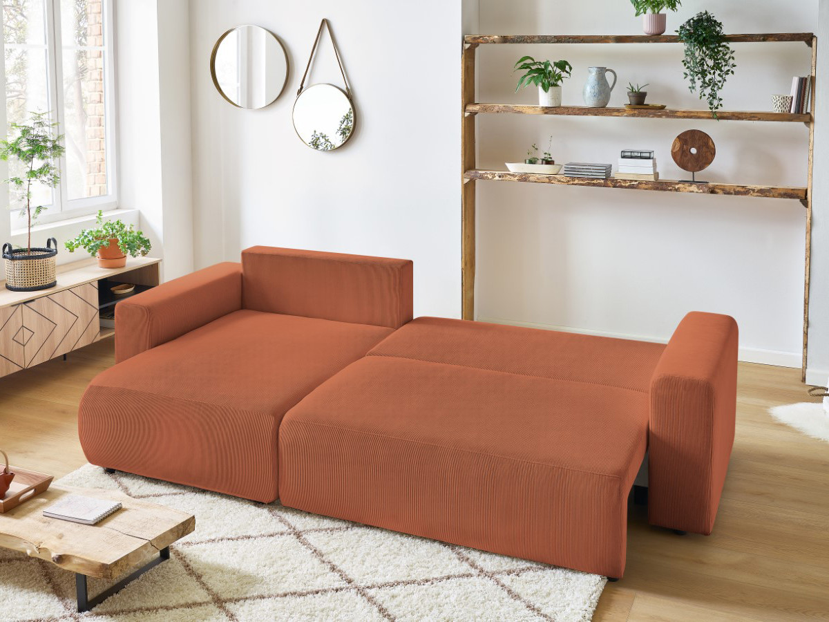 Bobochic Envy Ecksofa mit Schlaffunktion und Bettkasten Cordsamt Orange