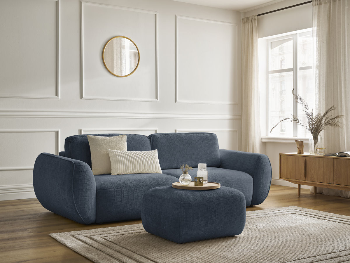 Bobochic Denise Schlafsofa 3-Sitzer mit Bettkasten und Pouf Strukturstoff Dunkelblau