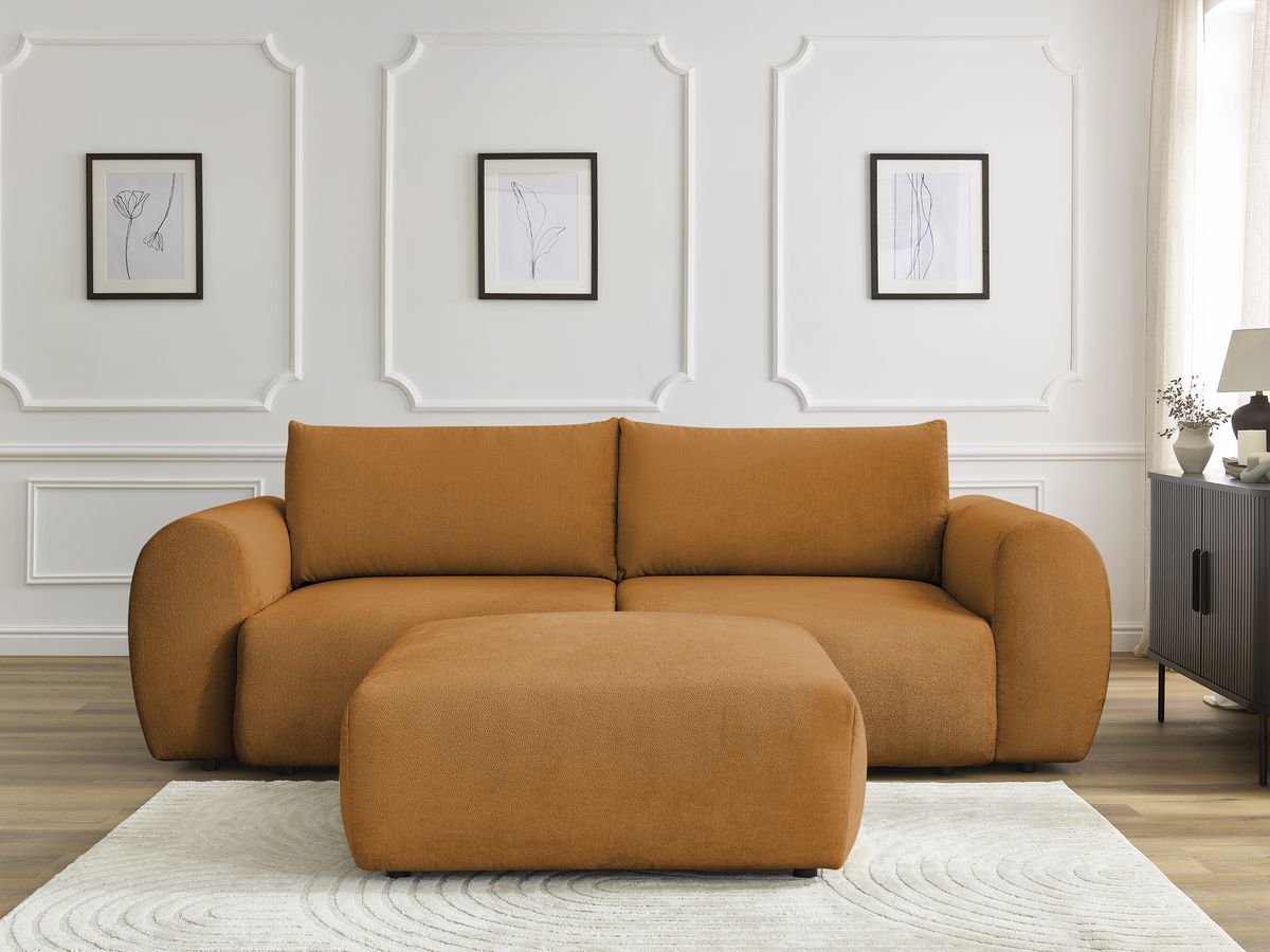 Bobochic Lucien Schlafsofa 4-Sitzer mit Bettkasten und Pouf Stoff Gelb
