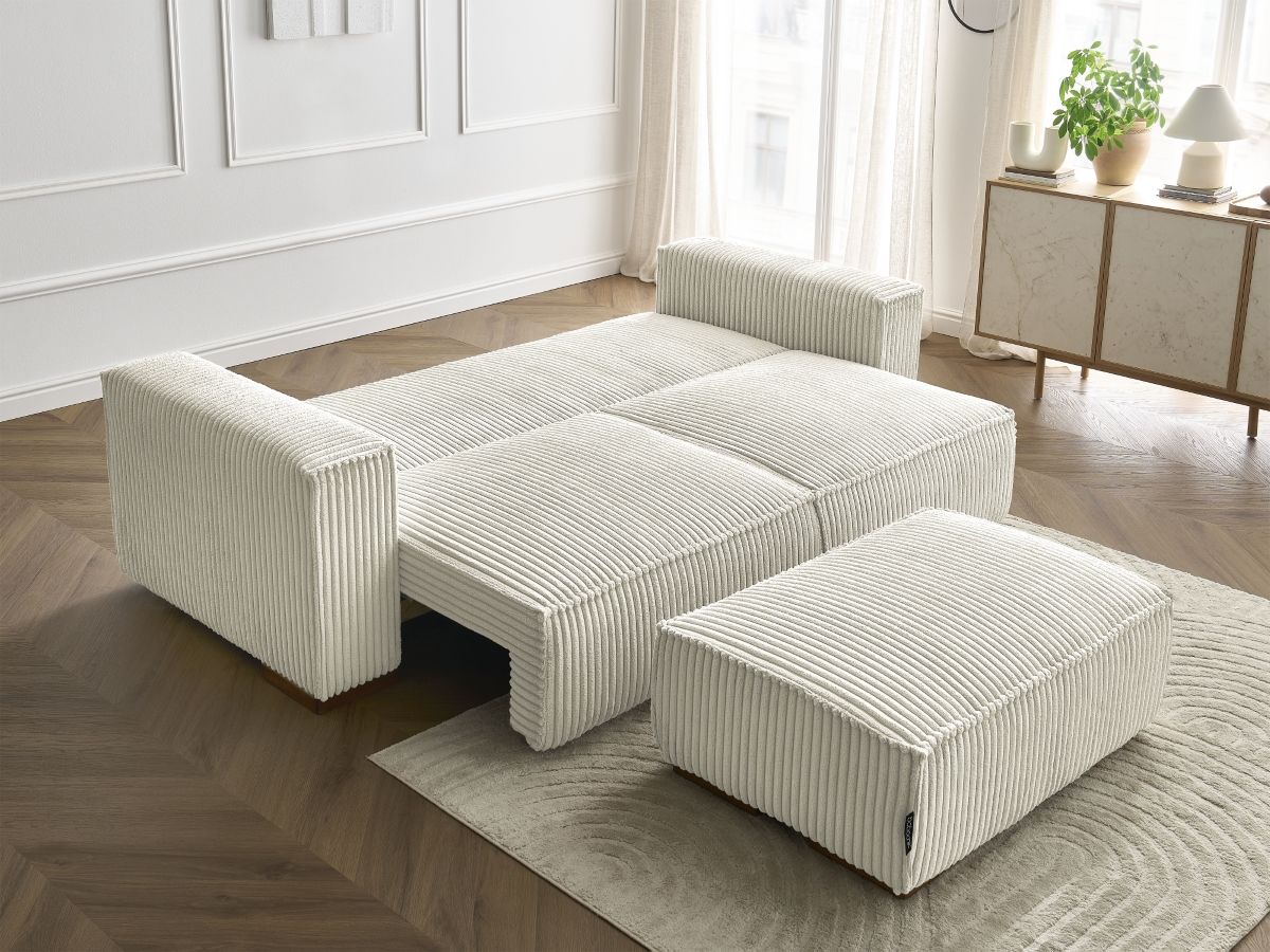 Bobochic Chelsea Schlafsofa 4-Sitzer mit Bettkasten und Pouf Breitcord weich Beige