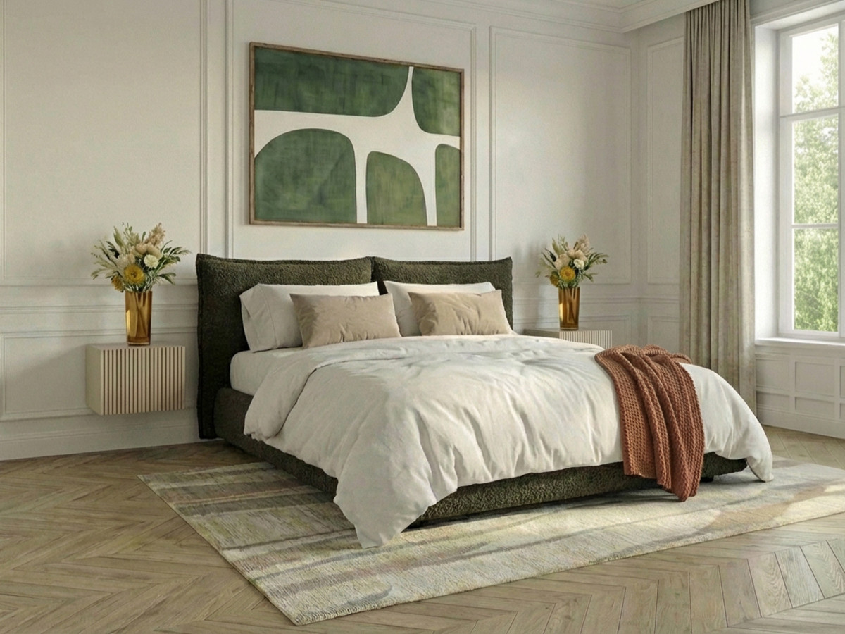 Bobochic Jaden Polsterbett Bouclé-Stoff Grün, Liegefläche 140 × 190 cm