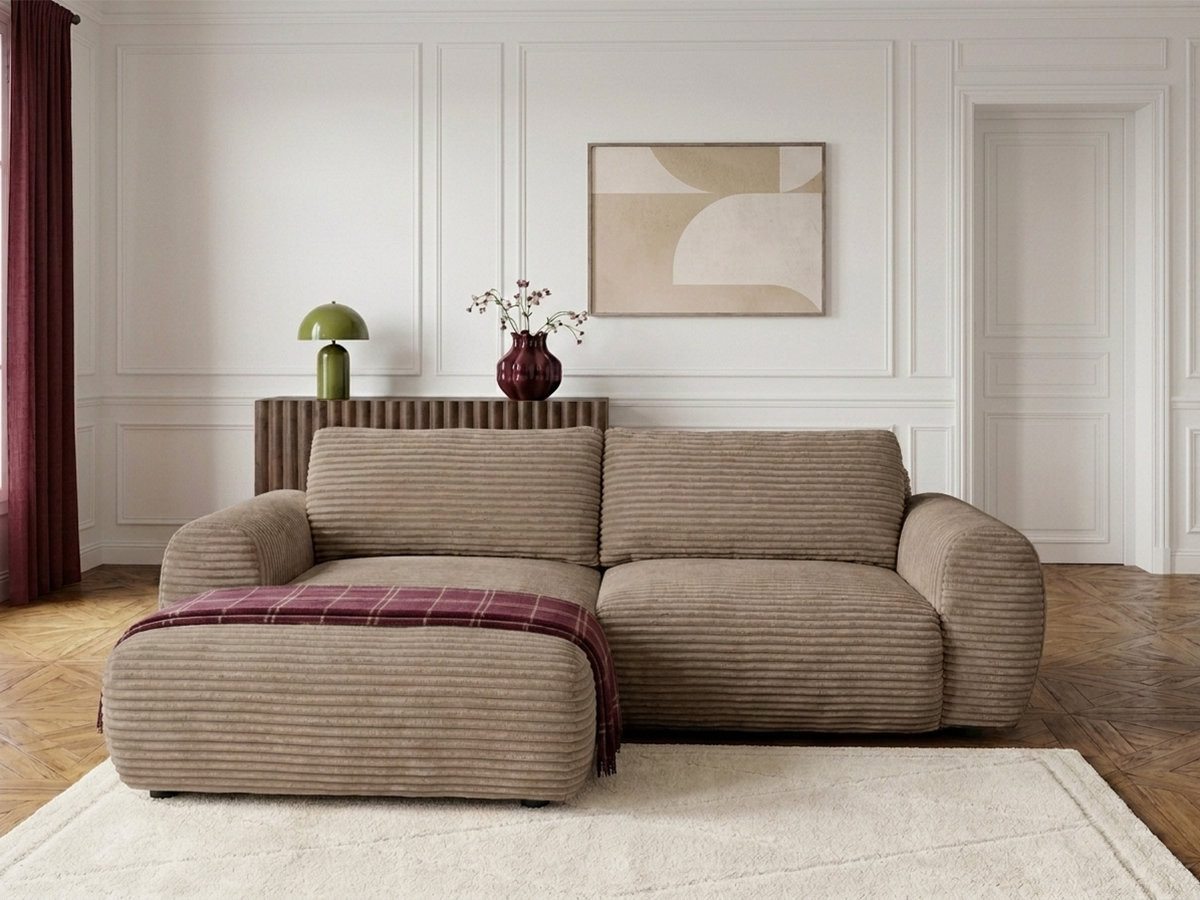 Bobochic Lucien Ecksofa mit Schlaffunktion und Bettkasten Breitcord weich Taupe Ecke links