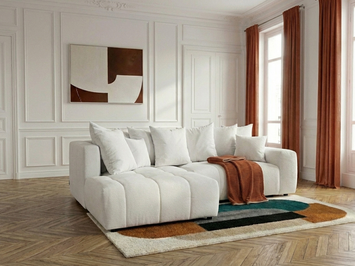 Bobochic Roxelane Ecksofa mit Schlaffunktion und Bettkasten Melange-Stoff Weiß Ecke links