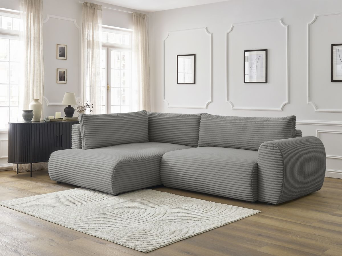 Bobochic Lucien Ecksofa mit Schlaffunktion und Bettkasten 296 × 198 cm Breitcord weich Dunkelgrau Ecke links