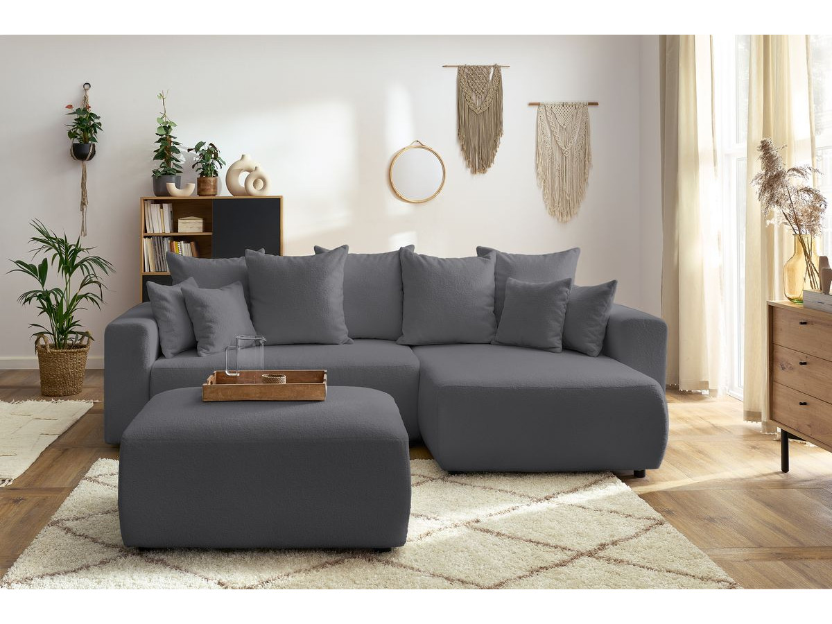 Bobochic Envy Ecksofa mit Schlaffunktion und Bettkasten und rechteckigem Pouf Bouclé-Stoff Dunkelgrau