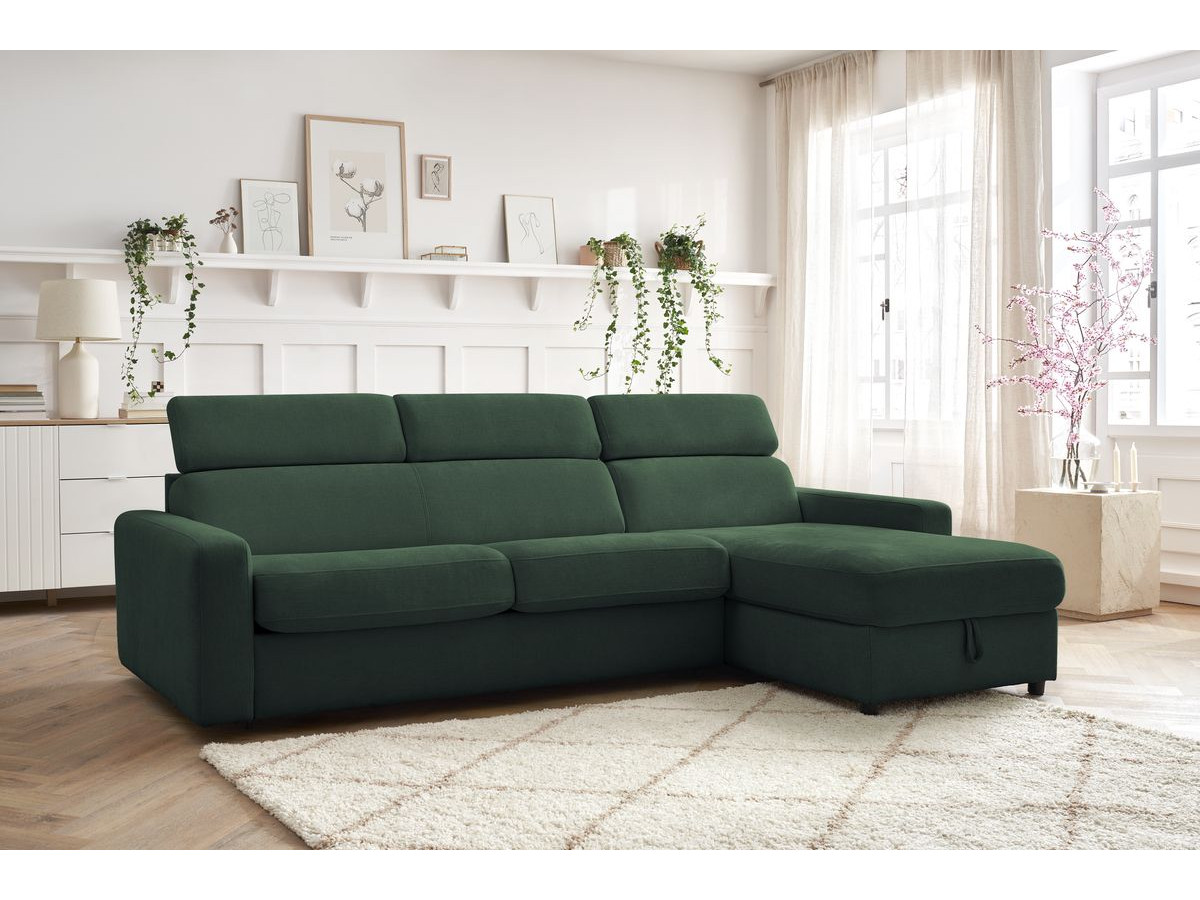 Bobochic Monaco Ecksofa mit Schlaffunktion und Bettkasten Stoff Grün, Liegefläche 140 × 190 cm