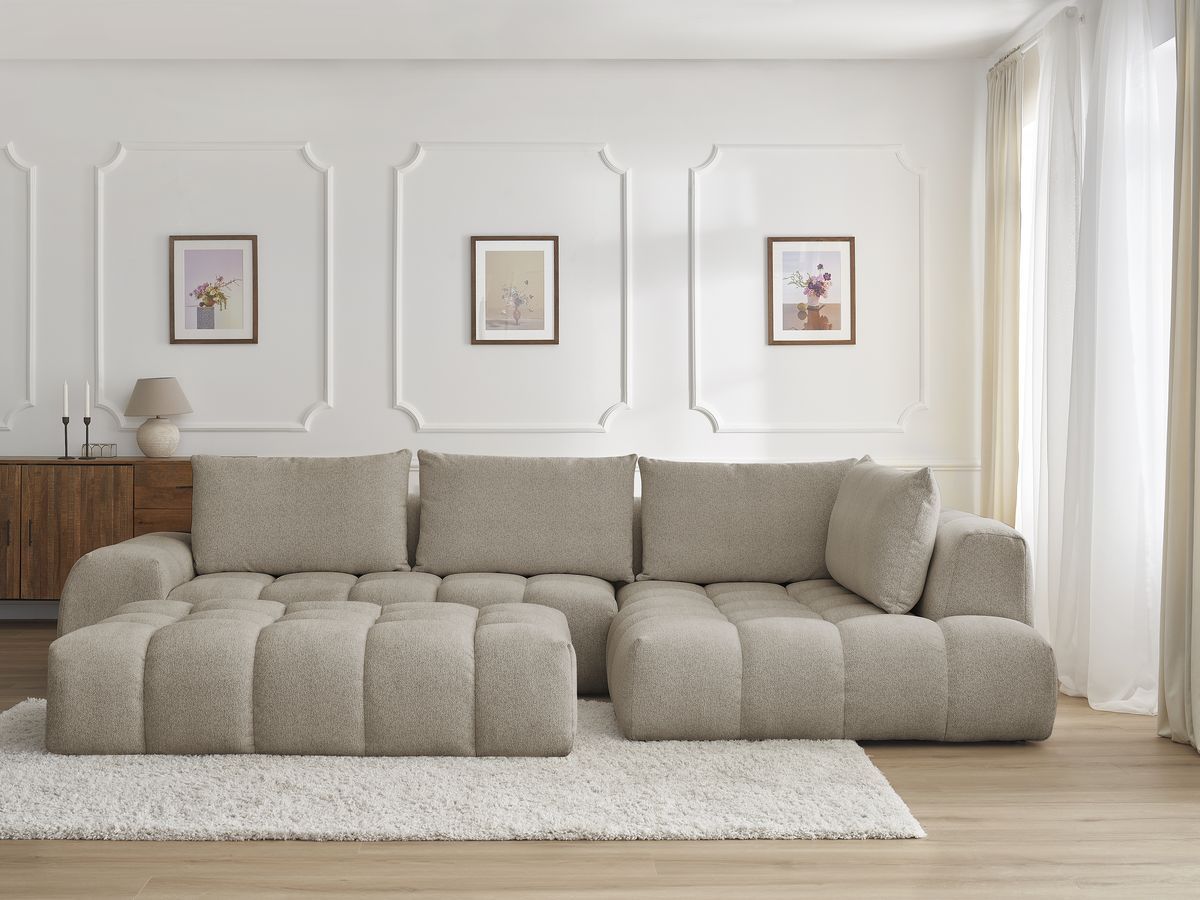 Bobochic Everest Ecksofa mit Schlaffunktion und Pouf, 4 Kissen Melange-Stoff Taupe Ecke rechts