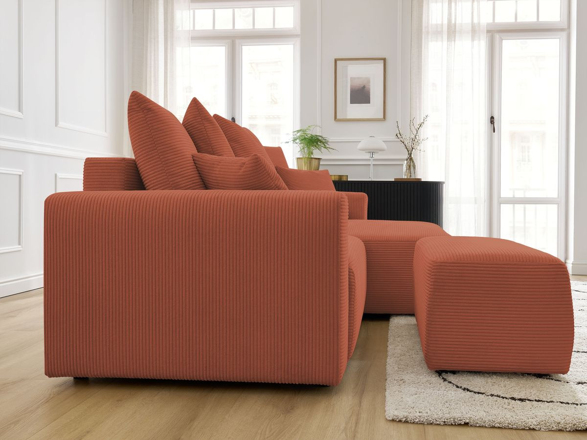 Bobochic Atilla Ecksofa mit Schlaffunktion und Bettkasten und Pouf Cordsamt Orange Ecke rechts
