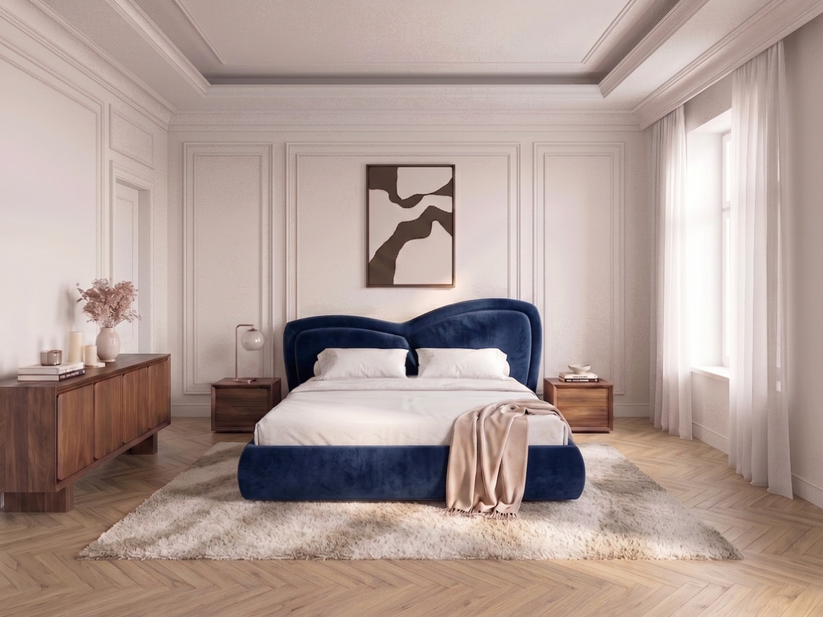 Bobochic Daniela Polsterbett Samt Blau, Liegefläche 140 × 190 cm
