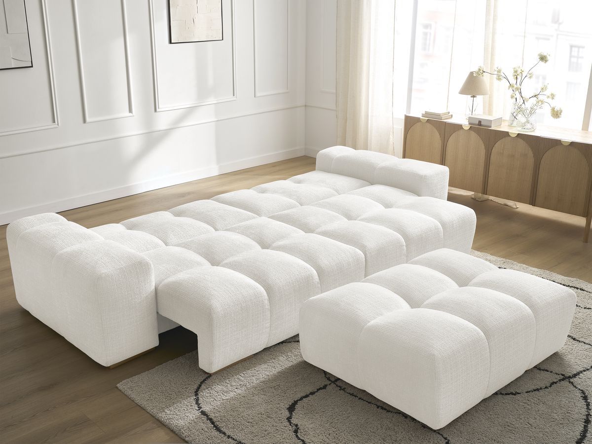Bobochic Anakin Schlafsofa 3-Sitzer mit Bettkasten und Pouf, 2 Kissen Strukturstoff Weiß