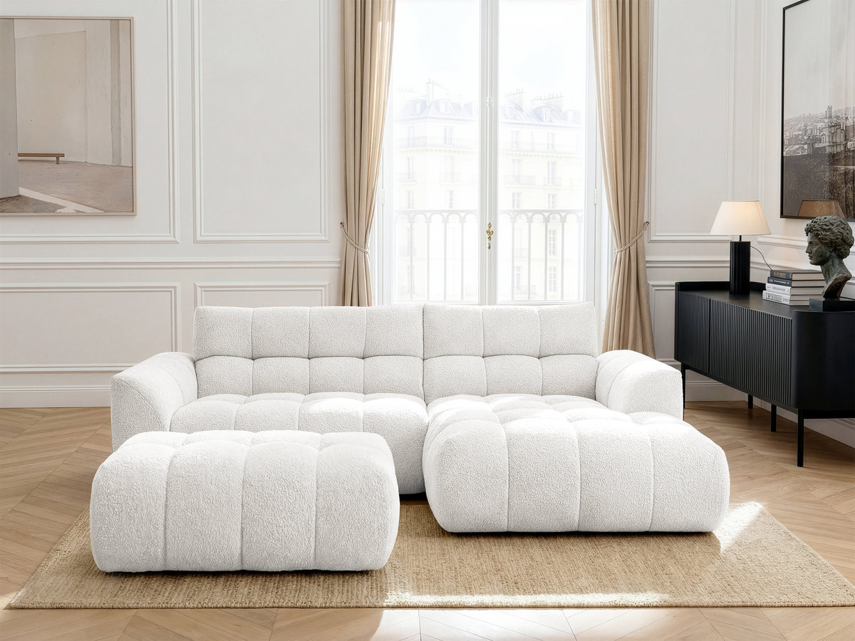 Bobochic Jaya Ecksofa mit Pouf Chenille Weiß Ecke rechts