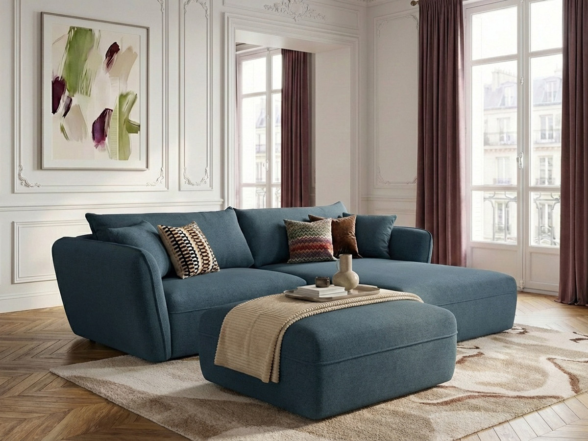 Bobochic Luigi Ecksofa mit Pouf Strukturstoff Blau Ecke rechts