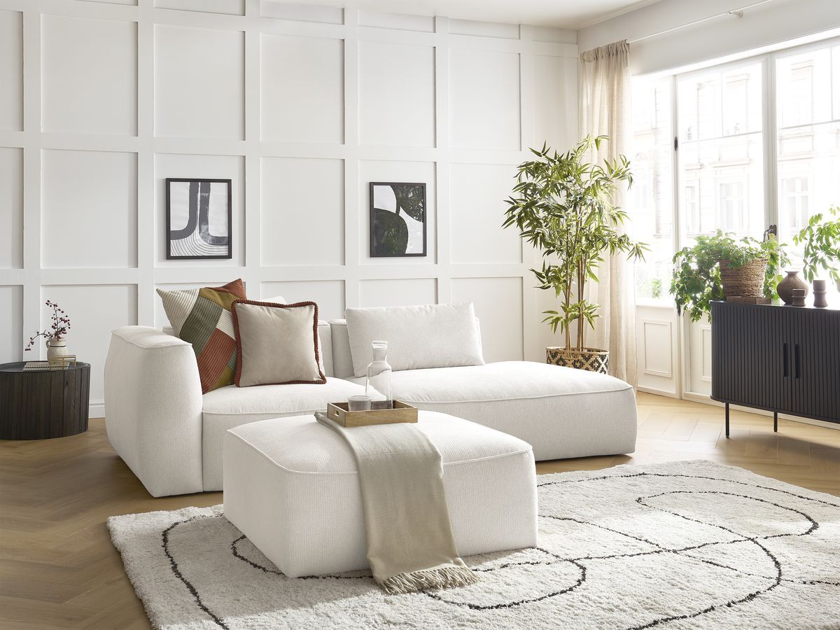 Bobochic Leopold Sofa 4-Sitzer mit Pouf Melange-Stoff Weiß Armlehne links