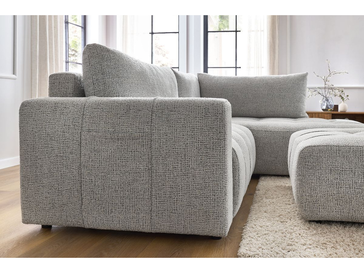 Bobochic Arsene Ecksofa mit Schlaffunktion und Bettkasten und Pouf 277 × 200 cm Melange-Stoff Hellgrau Ecke rechts
