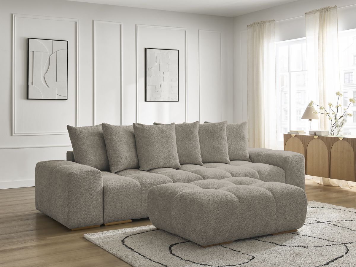 Bobochic Anakin Sofa 3-Sitzer mit Pouf, 6 Kissen Bouclé-Stoff Taupe