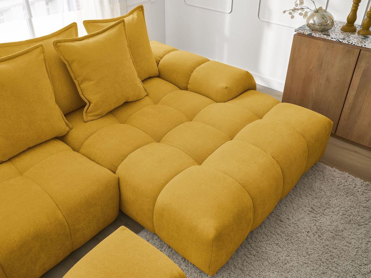 Bobochic Everest Ecksofa mit Schlaffunktion und Bettkasten und Pouf 318 × 180 cm, 7 Kissen Strukturstoff Gelb Ecke rechts