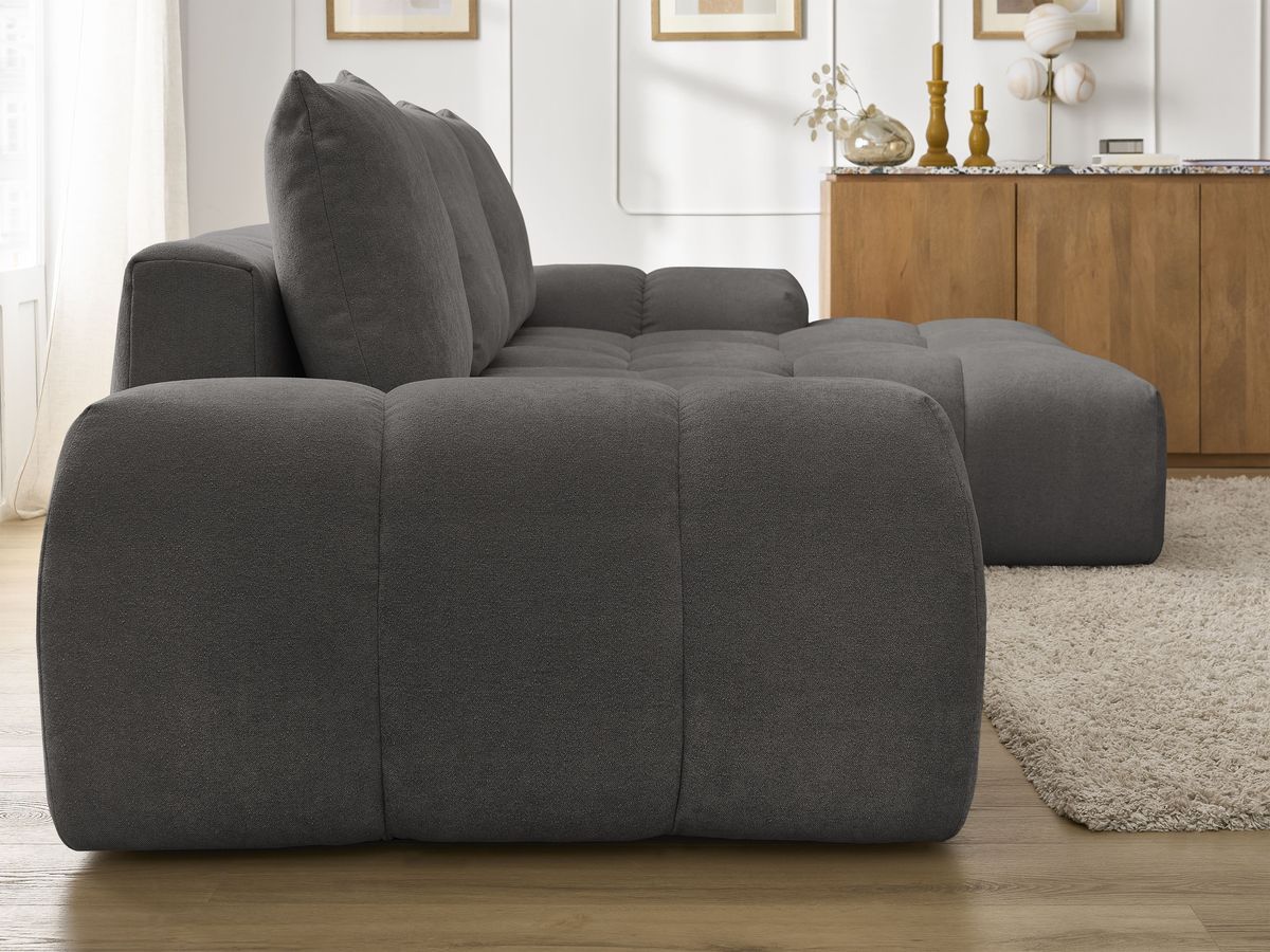 Bobochic Everest Ecksofa mit Schlaffunktion und Bettkasten 318 × 180 cm, 3 Kissen Strukturstoff Dunkelgrau Ecke rechts