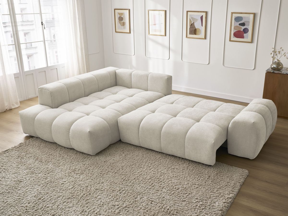 Bobochic Everest Ecksofa mit Schlaffunktion und Bettkasten 320 × 212 cm, 5 Kissen Strukturstoff Beige Ecke links