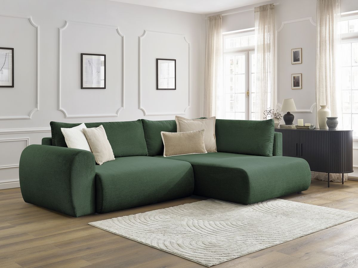 Bobochic Lucien Ecksofa mit Schlaffunktion und Bettkasten 296 × 198 cm Stoff Grün Ecke rechts