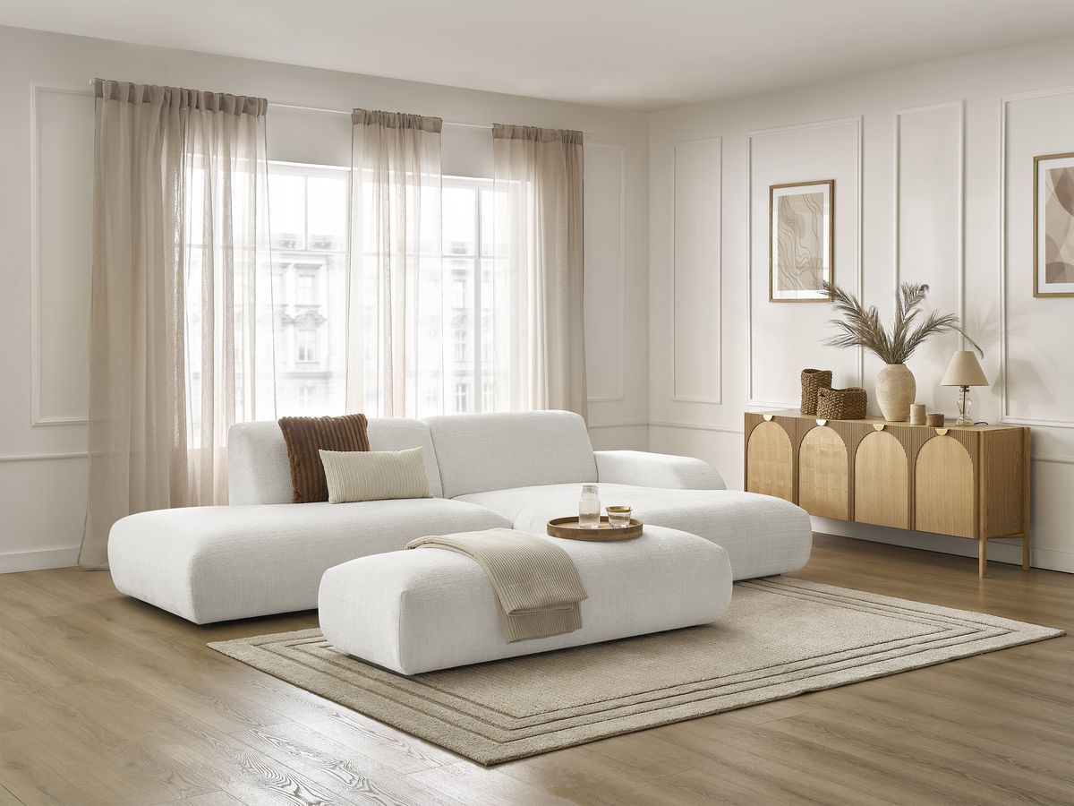 Bobochic Sirius Ecksofa mit Pouf 300 × 170 cm Strukturstoff Weiß Ecke rechts
