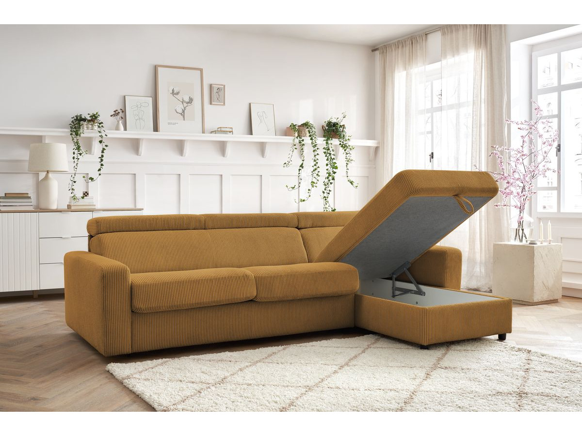 Bobochic Monaco Ecksofa mit Schlaffunktion und Bettkasten Cordsamt Gelb, Liegefläche 140 × 190 cm