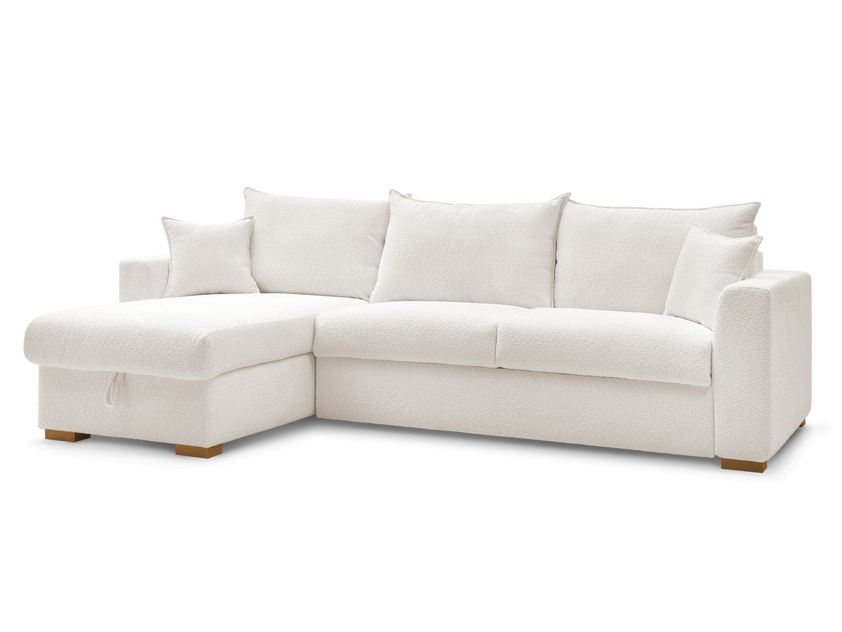 Bobochic Augustin Ecksofa mit Schlaffunktion und Bettkasten Bouclé-Stoff Weiß, Liegefläche 160 × 200 cm