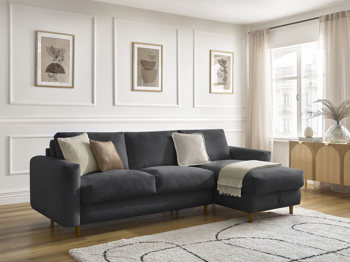 Bobochic Cocoone Ecksofa mit Schlaffunktion und Bettkasten Stoff Schwarz, Liegefläche 160 × 200 cm