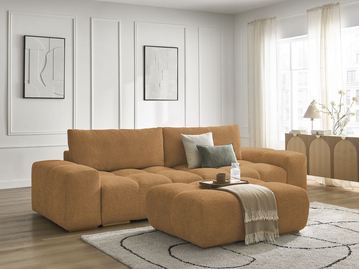 Bobochic Anakin Sofa 3-Sitzer mit Pouf, 2 Kissen Bouclé-Stoff Gelb