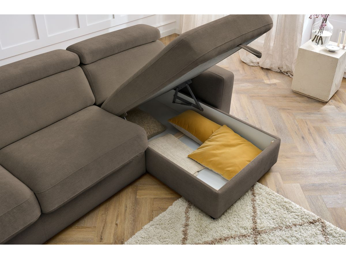 Bobochic Monaco Ecksofa mit Schlaffunktion und Bettkasten Stoff Braun, Liegefläche 160 × 190 cm