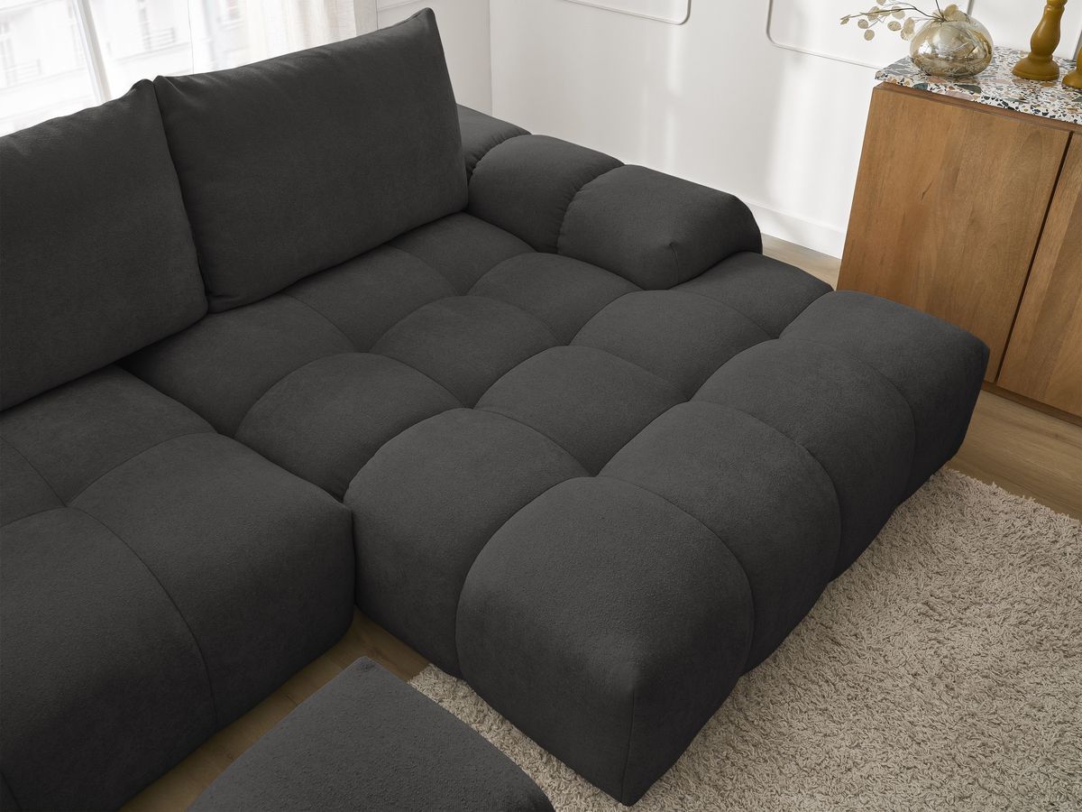 Bobochic Everest Ecksofa mit Schlaffunktion und Bettkasten und Pouf 318 × 180 cm, 3 Kissen Strukturstoff Schwarz Ecke rechts