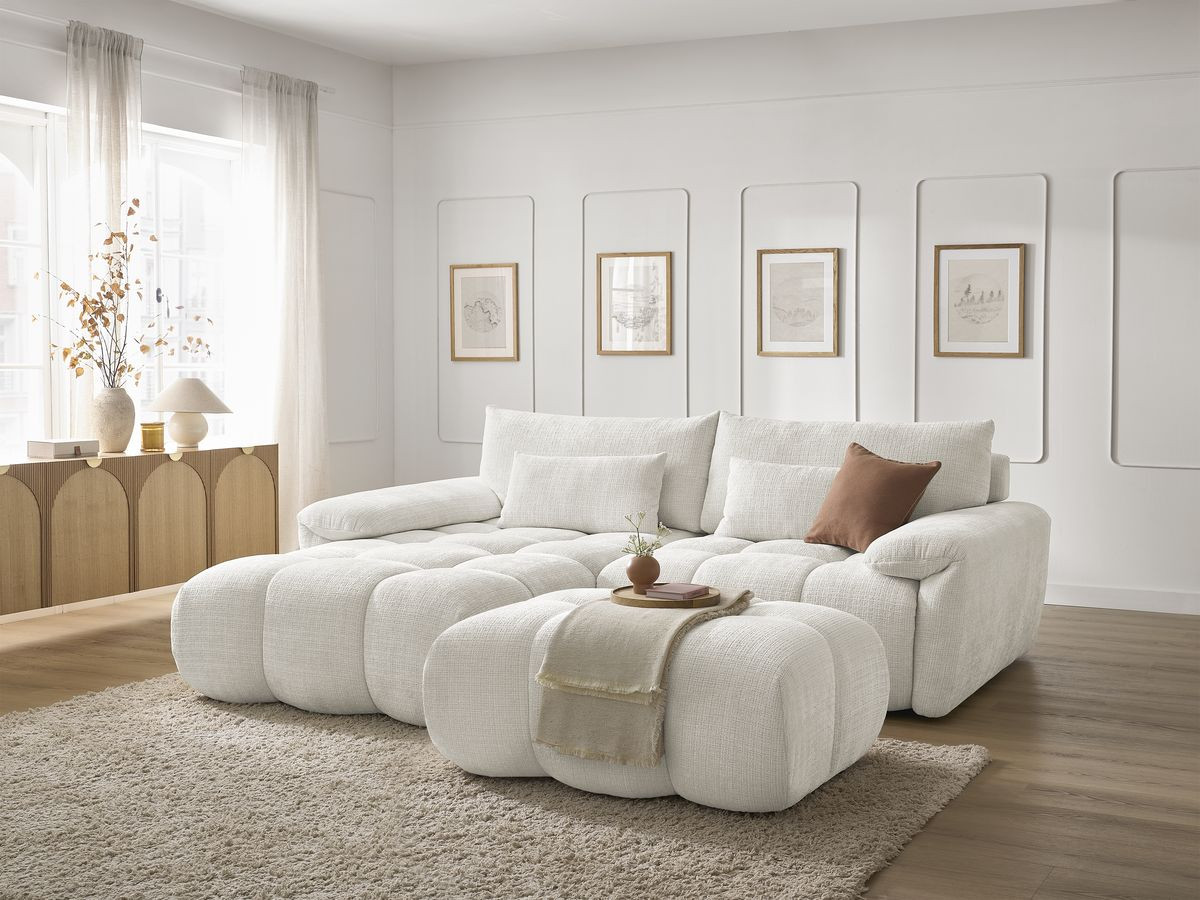 Bobochic Ivane Ecksofa mit Pouf Strukturstoff Weiß Ecke links