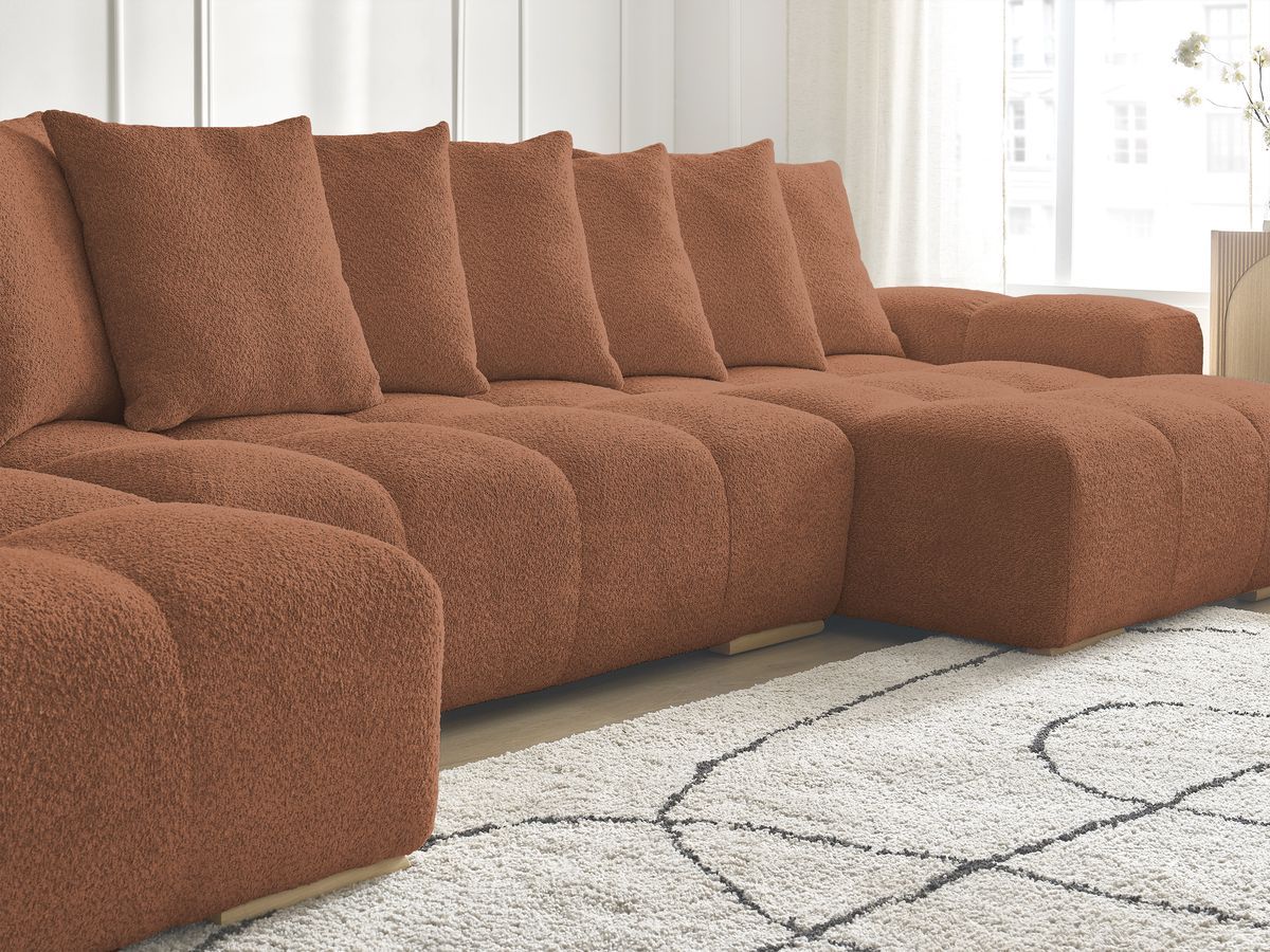Bobochic Anakin Wohnlandschaft, Liegefläche 137 × 382 cm, 10 Kissen Bouclé-Stoff Orange