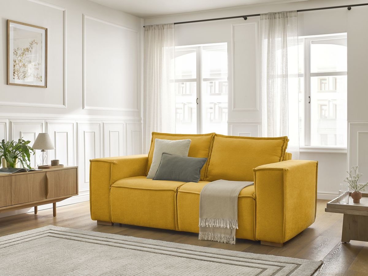 Bobochic Chelsea Schlafsofa 3-Sitzer Strukturstoff Gelb, Liegefläche 160 × 200 cm