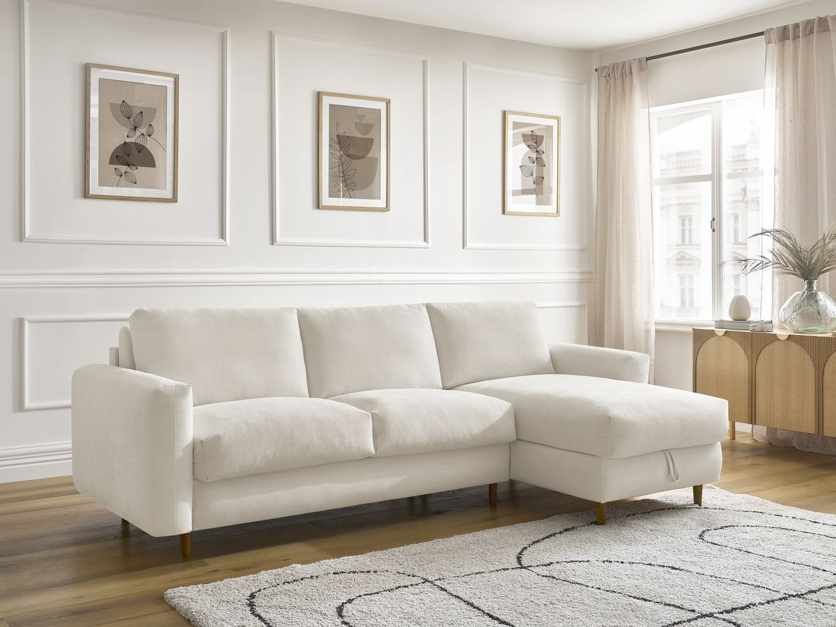 Bobochic Cocoone Ecksofa mit Schlaffunktion und Bettkasten Stoff Beige, Liegefläche 160 × 200 cm
