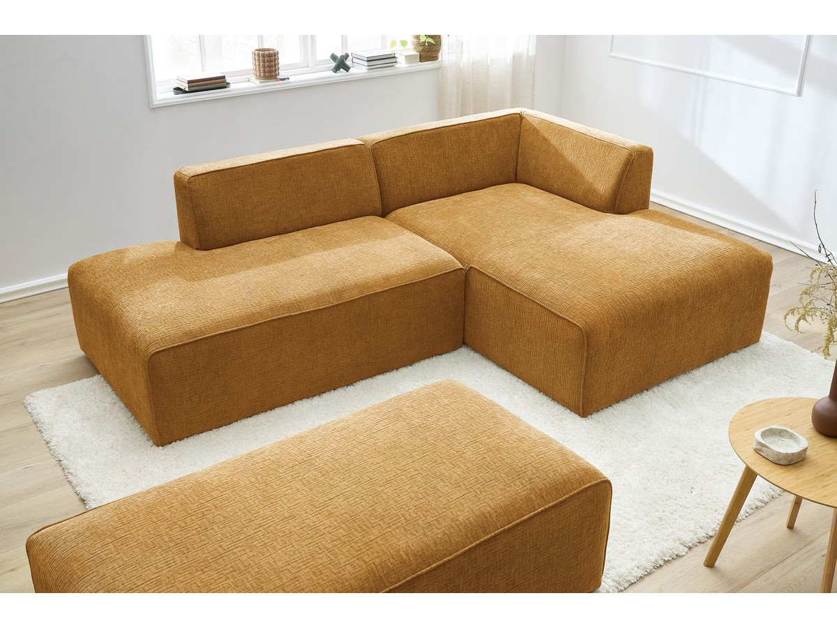 Bobochic Megeve Ecksofa mit Schlaffunktion und Pouf Strukturstoff Gelb Ecke rechts